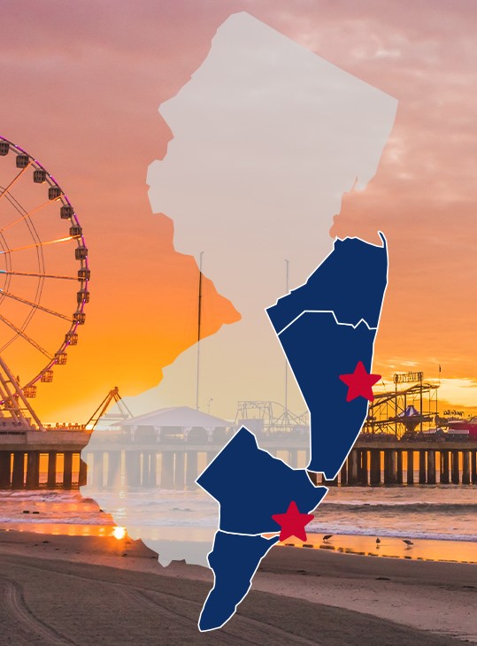 map of new jersey with Atlantic, Cape May, Ocean, and Monmouth counties outlined in blue and Liberty Door and awning's showroom locations starred on the map.